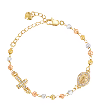 Pulseira religiosa tricolor com cruz e medalha cravejadas em zircônias